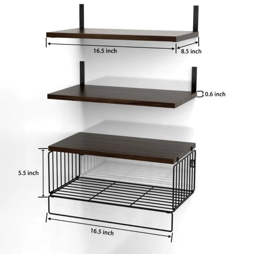Wall Mounted 3+1 Tier Floating Shelves 16" Width Bathroom Floating Shelf Rustic Wood Shelf Over Toilet with Wire Storage Basket