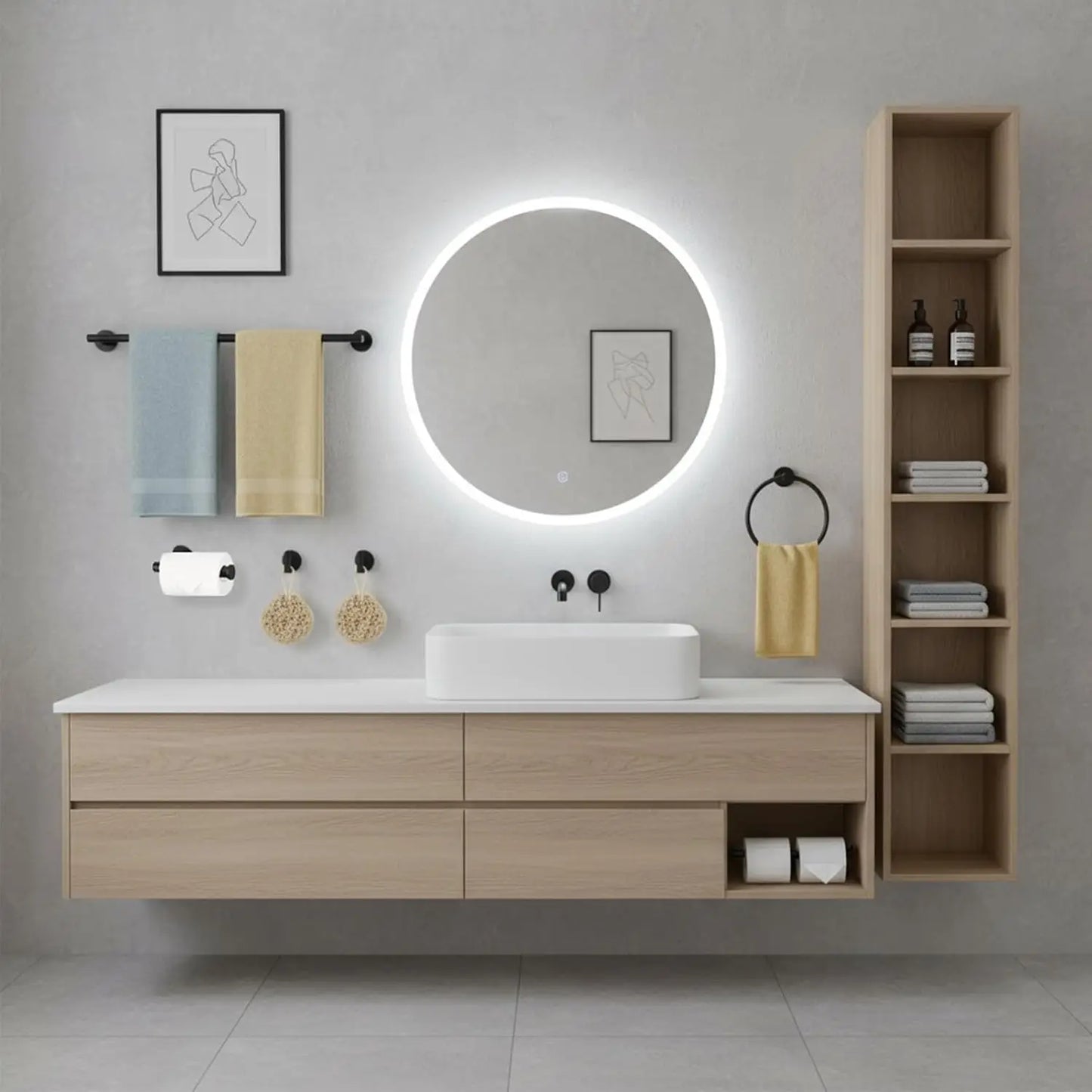 Matte Black 24in Bathroom Hardware Set, Stainless Steel Towel Bar with Ring and Hooks, Wall Mounted Toilet Paper Holder for