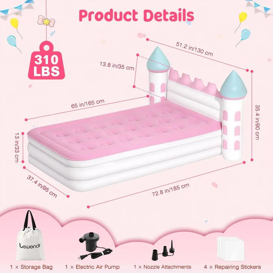 Inflatable Kids Bed, Pink Castle Toddler Travel Bed with Electric Air Pump, Kids Blow Up Mattress with Portable Storage Bag, Ki