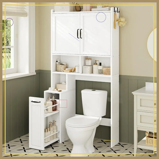 Over The Toilet Storage Cabinet with Adjustable Shelves, Pulley System, Waterproof Material for Bathroom & Laundry Room