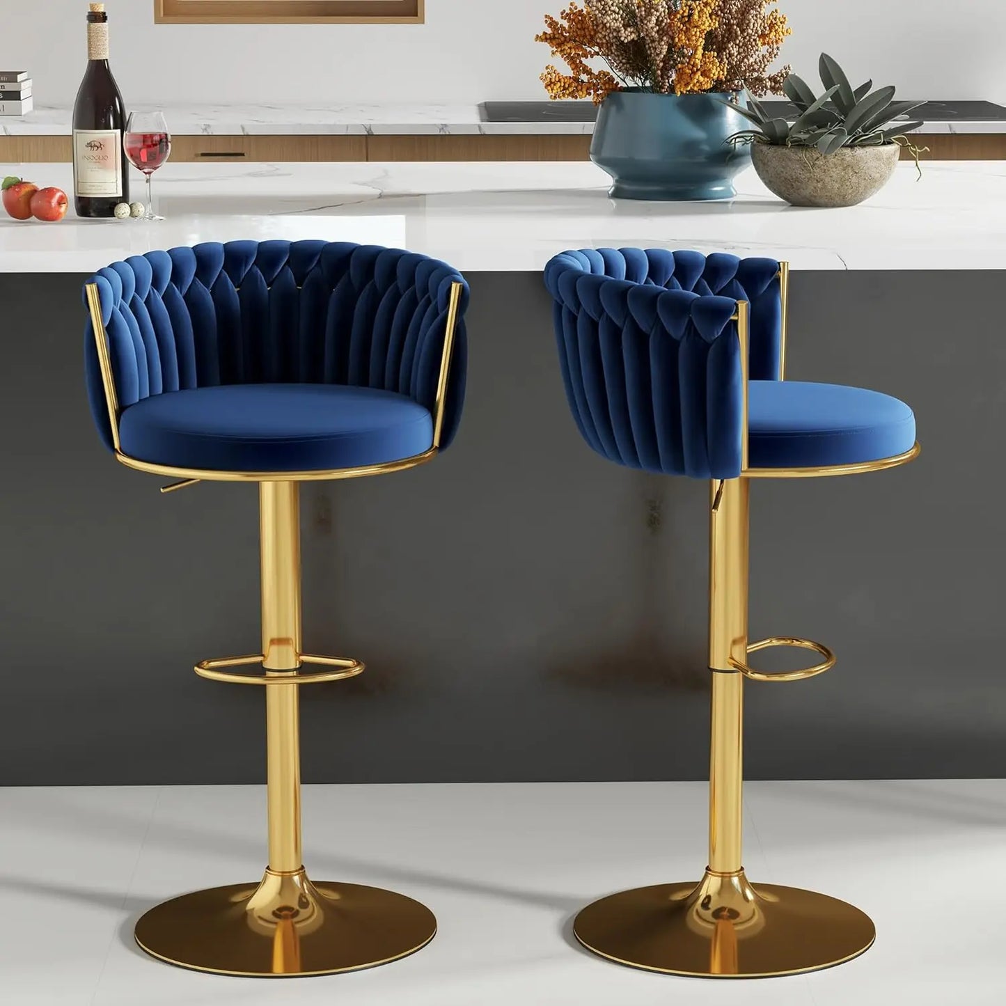 Gold Bar Stools Set of 2, Velvet Hand-Woven Barstools, Seat Height 27″ Counter Stools with Upholstered Backrest, Modern Luxuriou