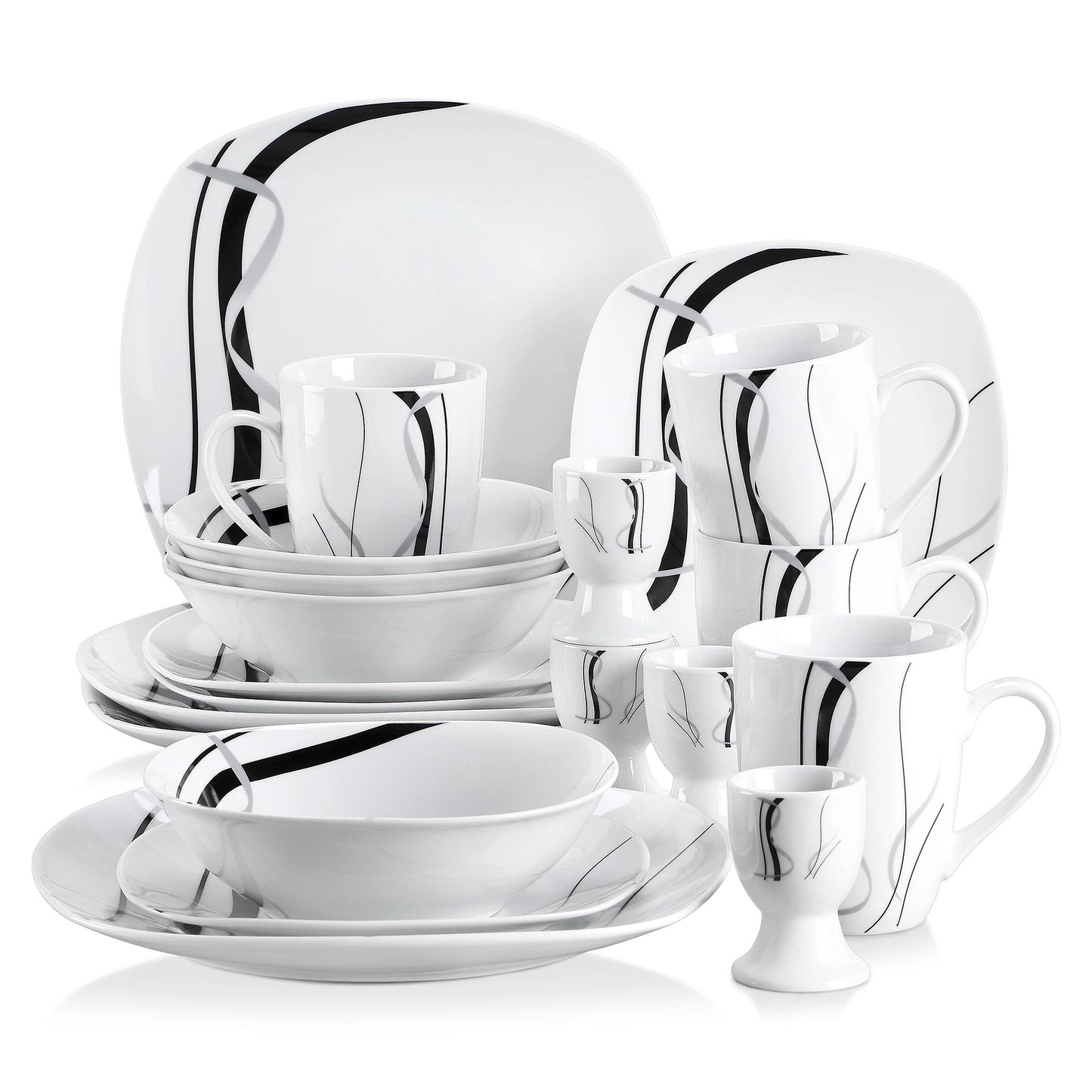VEWEET FIONA 20/40 Piece Black Stripe Porcelain Dinner Kitchen Plate Combi-Set with Egg Cup/Mug/Bowl/Dessert Plate/Dinner Plate