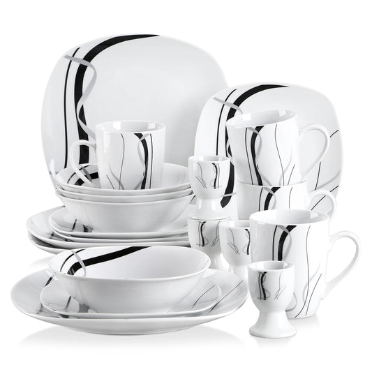 VEWEET FIONA 20/40 Piece Black Stripe Porcelain Dinner Kitchen Plate Combi-Set with Egg Cup/Mug/Bowl/Dessert Plate/Dinner Plate