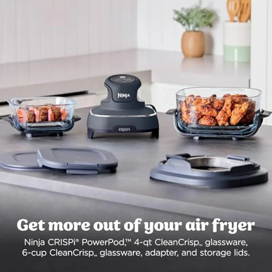 Crispi 4-in-1 Glass Air Fryer for Home Use 450F High Heat Non-Toxic Glass Containers 4QT 6-Cup with Lids Microwave Freezer Dish