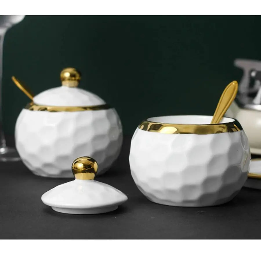 Porcelain Sugar Bowl Condiment Pot Salt Container with Lid, Spoon and Tray, Set of 3, Modern Spice Box Seasoning Jar, White and