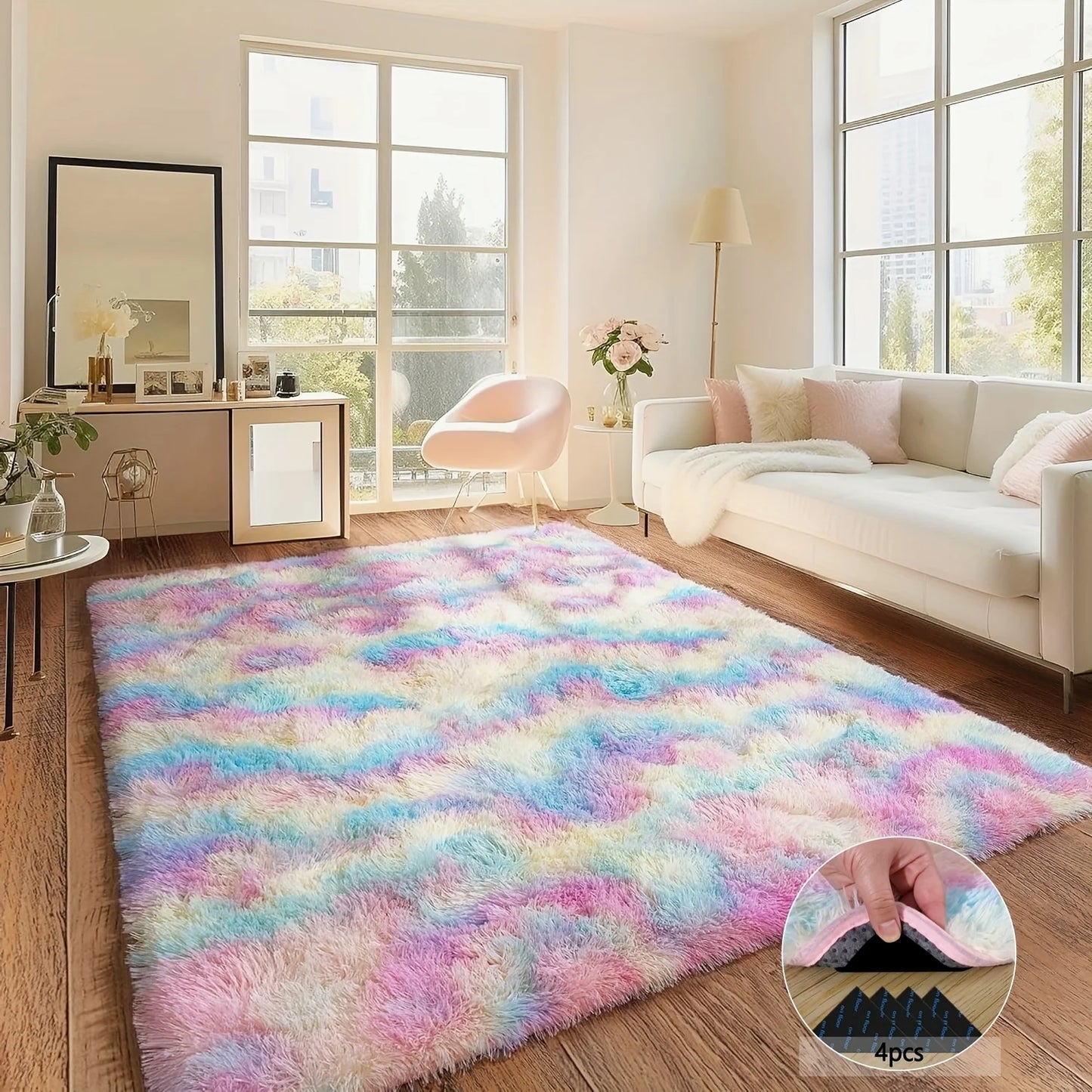 Room Decor Rug,Shaggy Non-Slip Tie-Dye Rainbow Rugs for Living Room/Bedroom/Nursery – Luxury Plush Carpet with 4 Rug Stickers