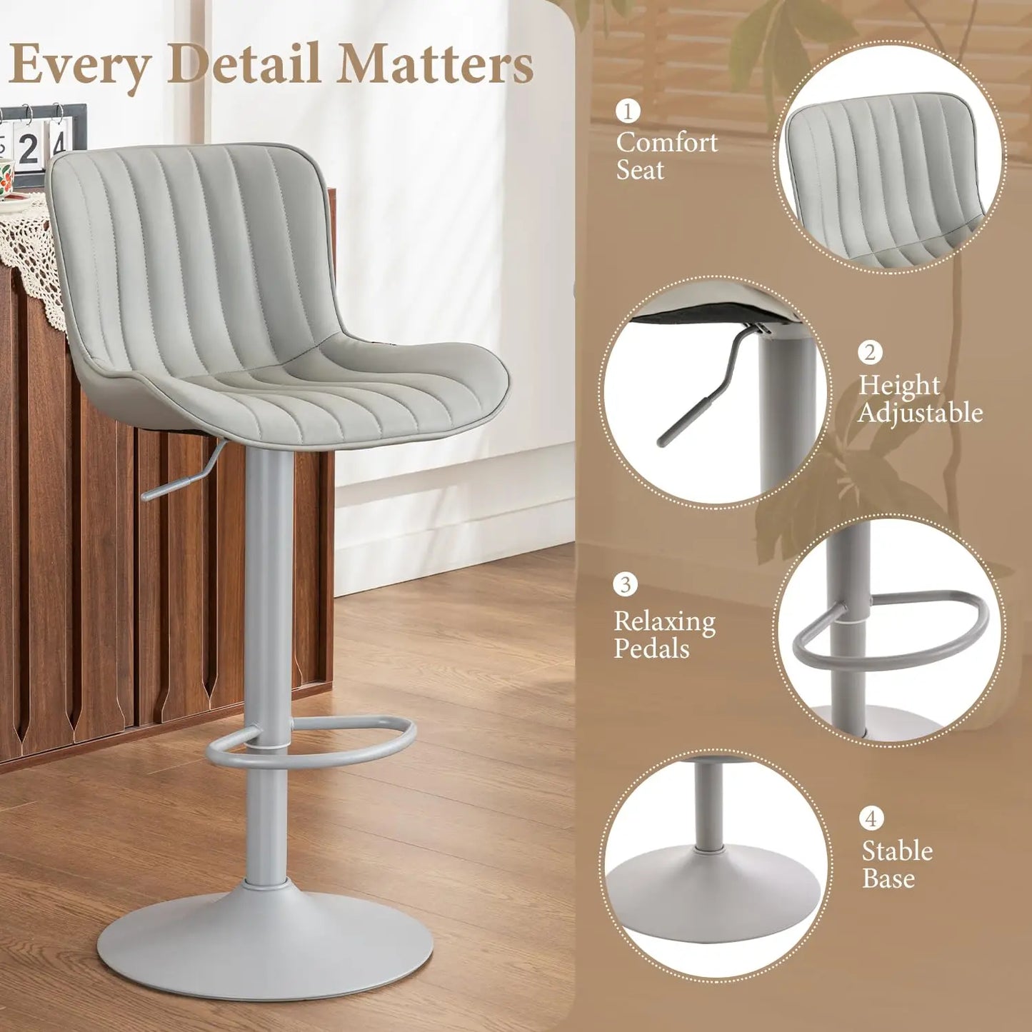 Bar Stools Set of 2, Counter Height Barstools for Kitchen Island, Modern Adjustable Swivel Gray Bar Chairs, Customized