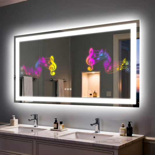 50/60/100/120CM LED Bathroom Mirror with Bluetooth Speaker 3 Colors Dimmable Tempered Glass Waterproof Backlight Vanity Mirror