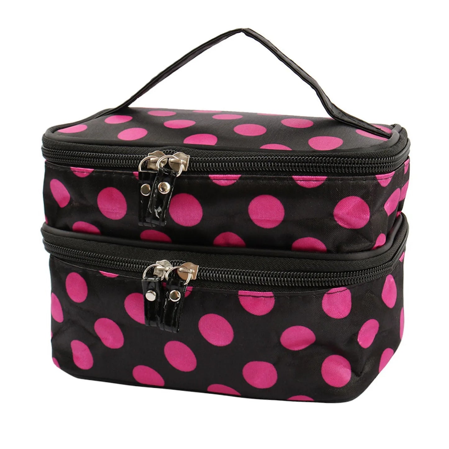 Women'S Travel Cosmetic Makeup Bag Organizer Double Layer Dot Pattern Toiletry Bag Case Pouch With Mirror For Woman