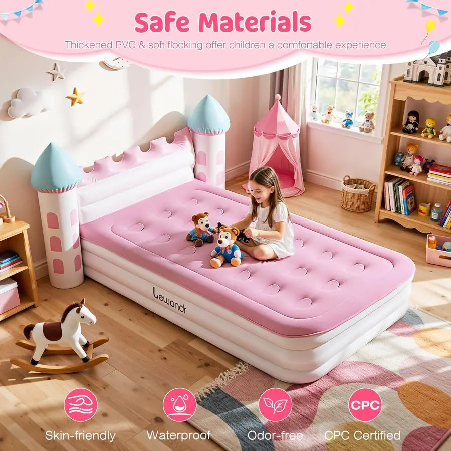 Inflatable Kids Bed, Pink Castle Toddler Travel Bed with Electric Air Pump, Kids Blow Up Mattress with Portable Storage Bag, Ki