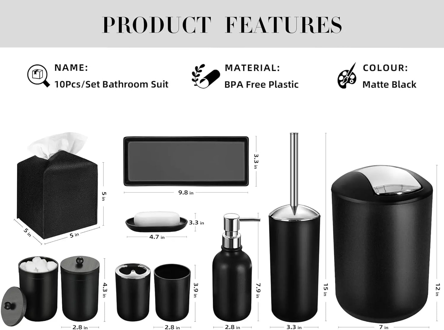10Pcs Black Bathroom Accessory Set with Trash Can, Soap Dispenser, Toothbrush Holder, and More for Modern Home Decor
