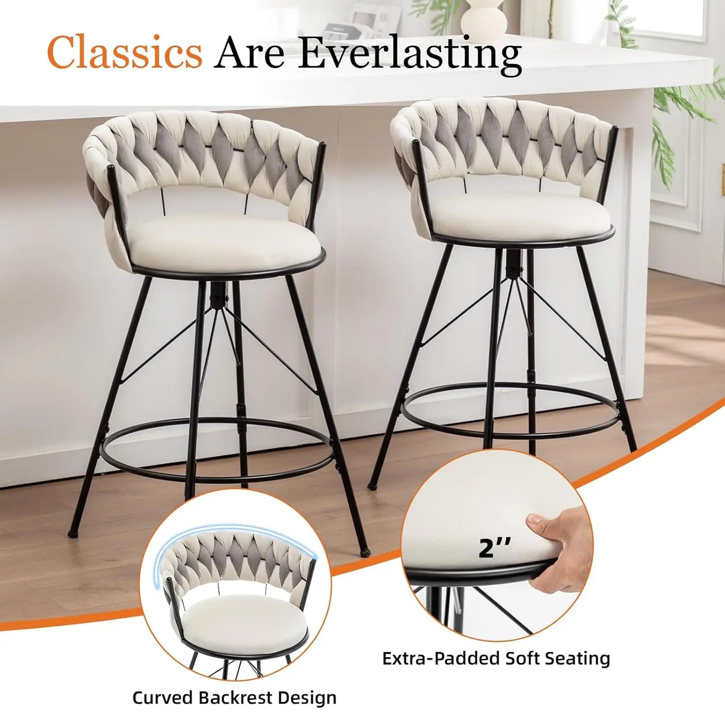 24" Counter Velvet Barstool Woven Back Kitchen Cafe Set 4, Customized