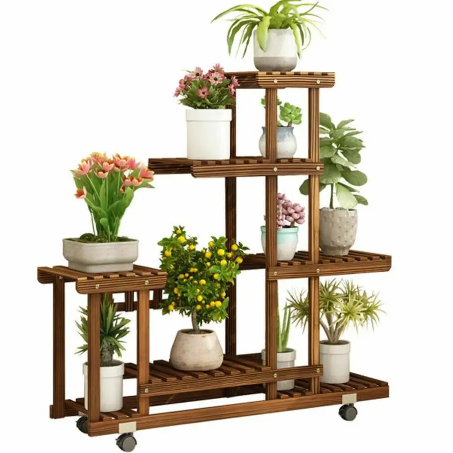 Multi-Layer Wood Plant Stand Rack Outdoor Indoor Rolling Flower Pot Holder with Wheels