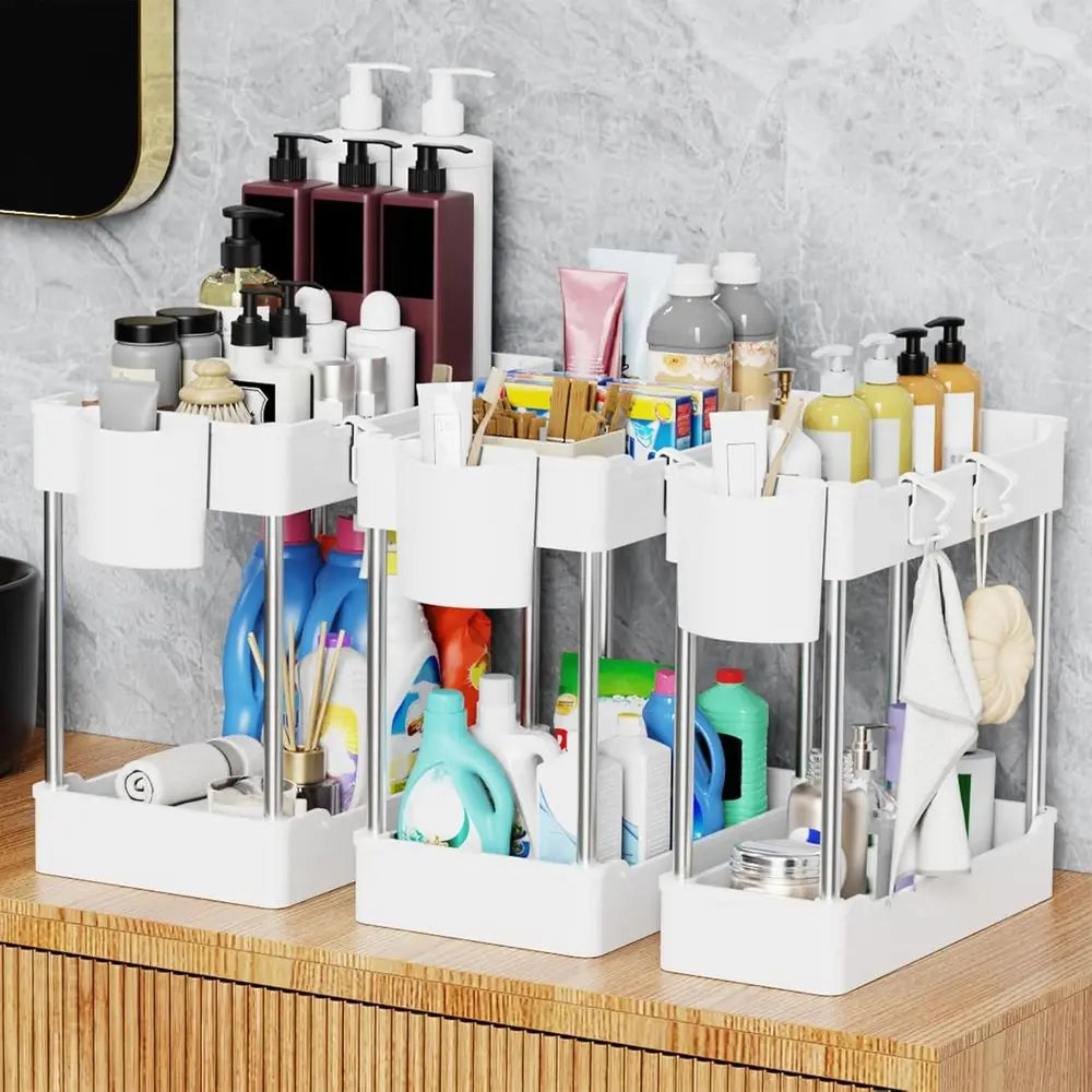 3 Pack Under Sink Organizers, 2 Tier Bathroom Cabinet Organizer with Hanging Cups, Kitchen & Bathroom Storage (White)