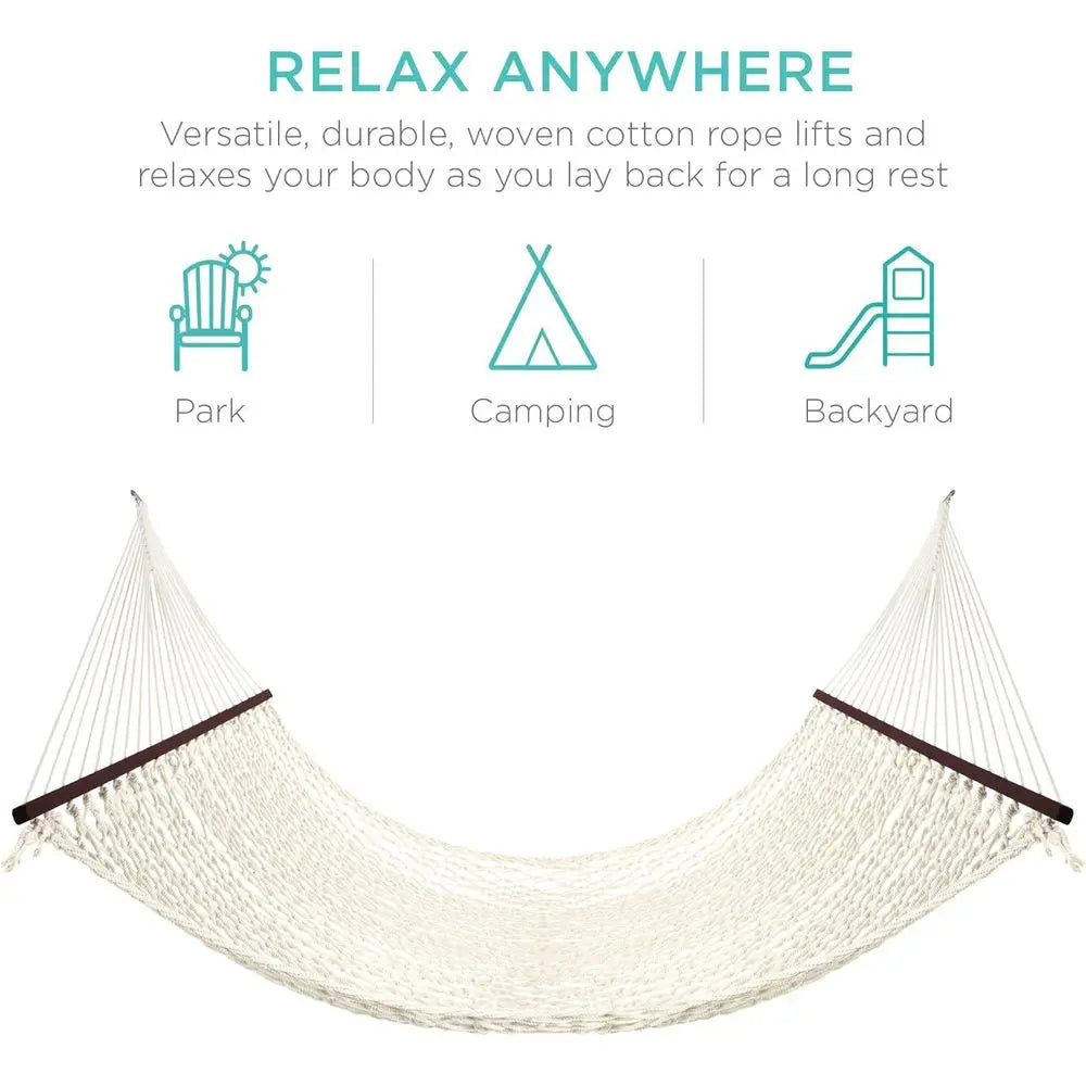 2-Person Double Hammock, Outdoor Woven Cotton Rope Hammocks or Backyard, Patio w/Spreader Bars, Carrying Case, 450lb Weight acit