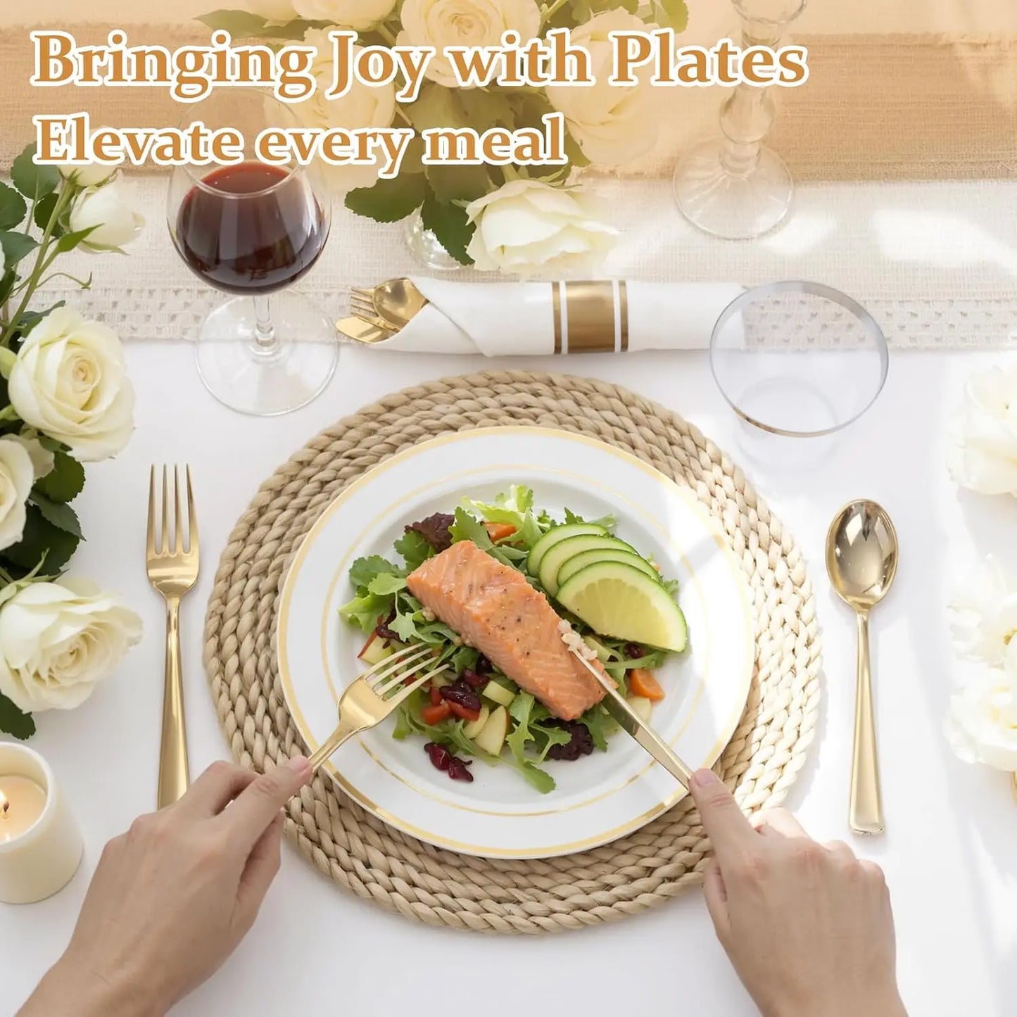 350Piece Gold Dinnerware Set for 50 Guests - Gold Plastic Plates with Disposable Cutlery Include:50Dinner Plates-50Dessert Plate