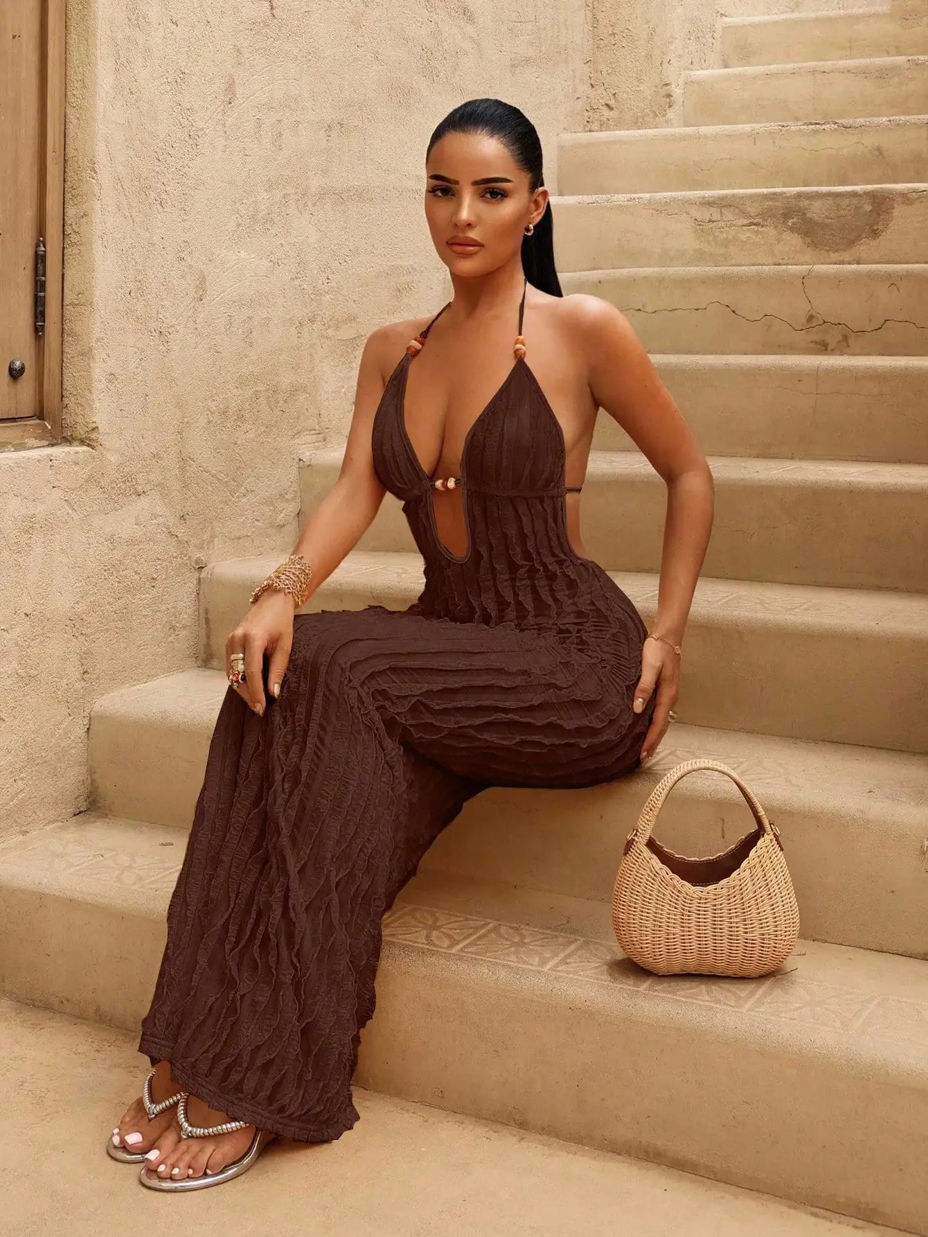Women's Yellow Deep V Halter Neck Ruched Long Dress with Beaded Detail, Beach Vacation Style