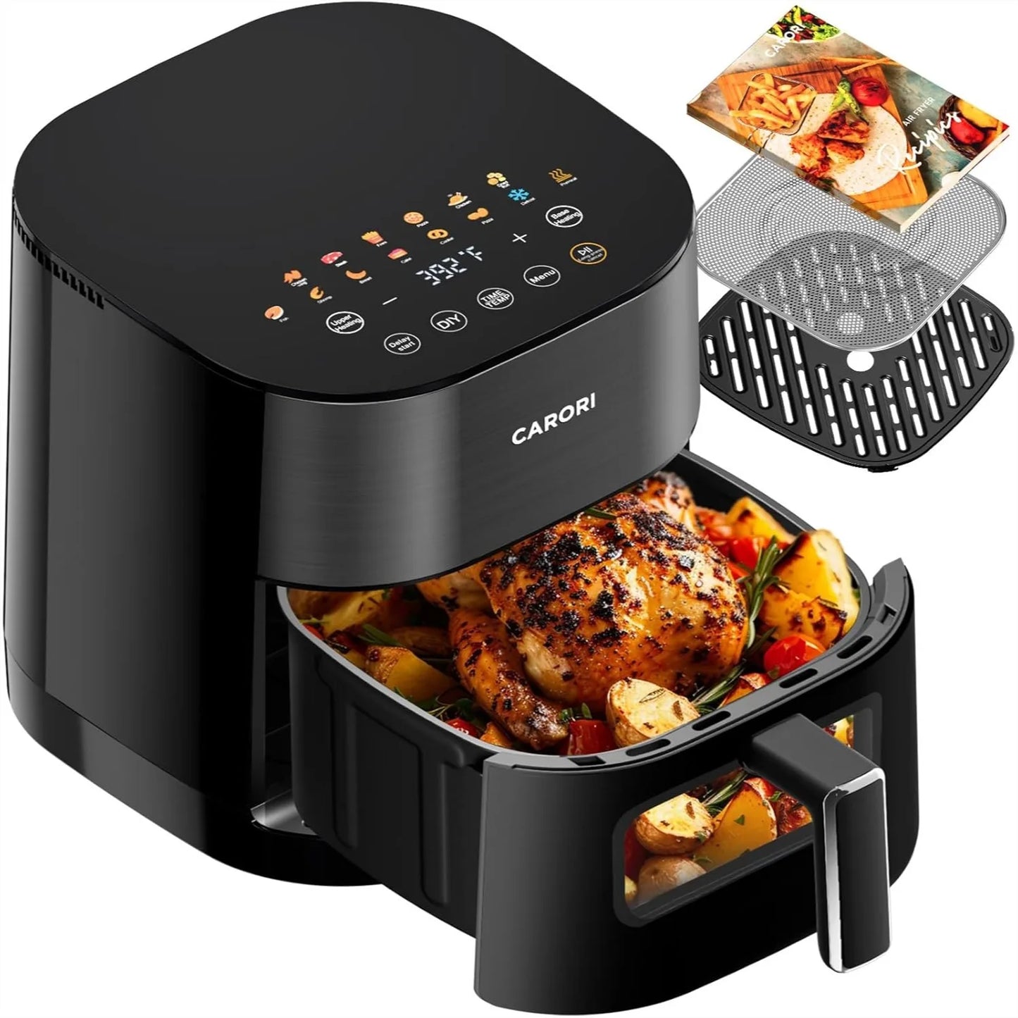 Air Fryer 14-in-1 with Viewing Window, 6QT Large Capacity, Dual Heating No Flip, 1700W Fast Even Cooking, Nonstick Dishwasher