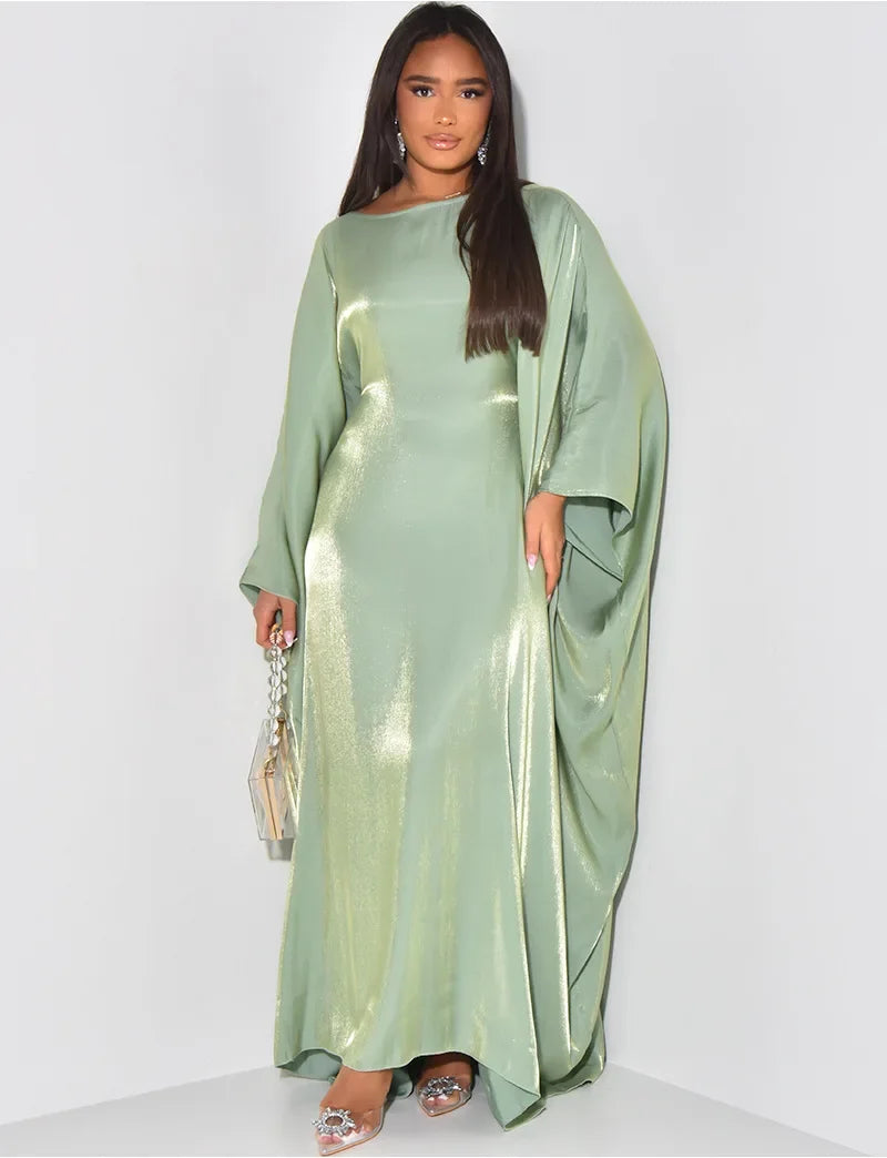 BWQ Women Loose O-neck Full Batwing Sleeve Long Maxi Dress Summer Satin Vintage Africa Streetwear Vestido Evening Dresses
