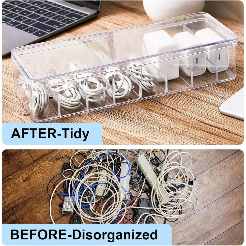 4 Pcs Cable Organizer Box with Wire Ties, Plastic Cord Storage Box with Lid, Clear Organizers for Home Office Desk and Accessori