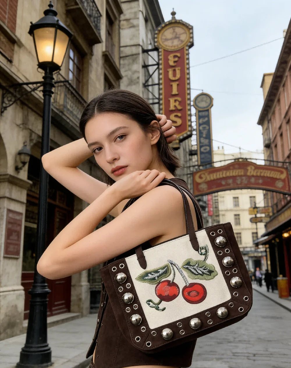 Women Cherry Embroidery Rivet Tote Shoulder Bag, Casual Large Capacity Handbag for Daily Commute and Street Style