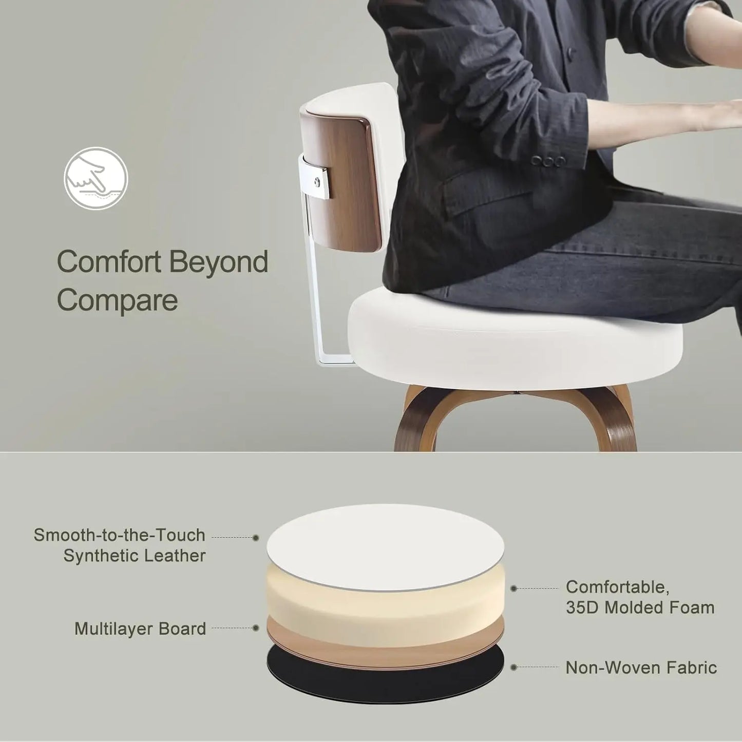Swivel Counter Height Bar Stools Set of 4, Faux Leather Kitchen Stools Upholstered Barstools with Back, Walnut Wood, Customized