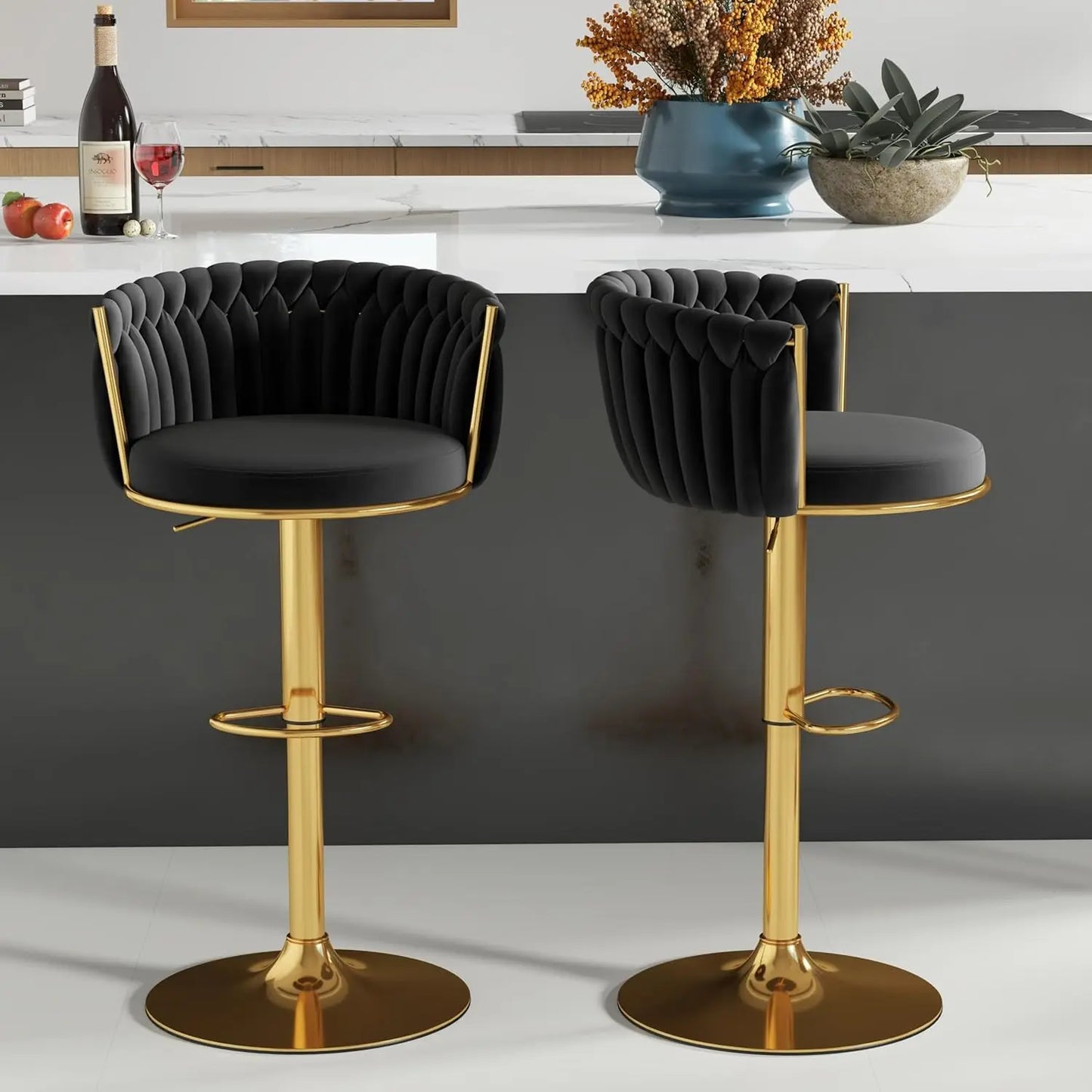 Gold Bar Stools Set of 2, Velvet Hand-Woven Barstools, Seat Height 27″ Counter Stools with Upholstered Backrest, Modern Luxuriou
