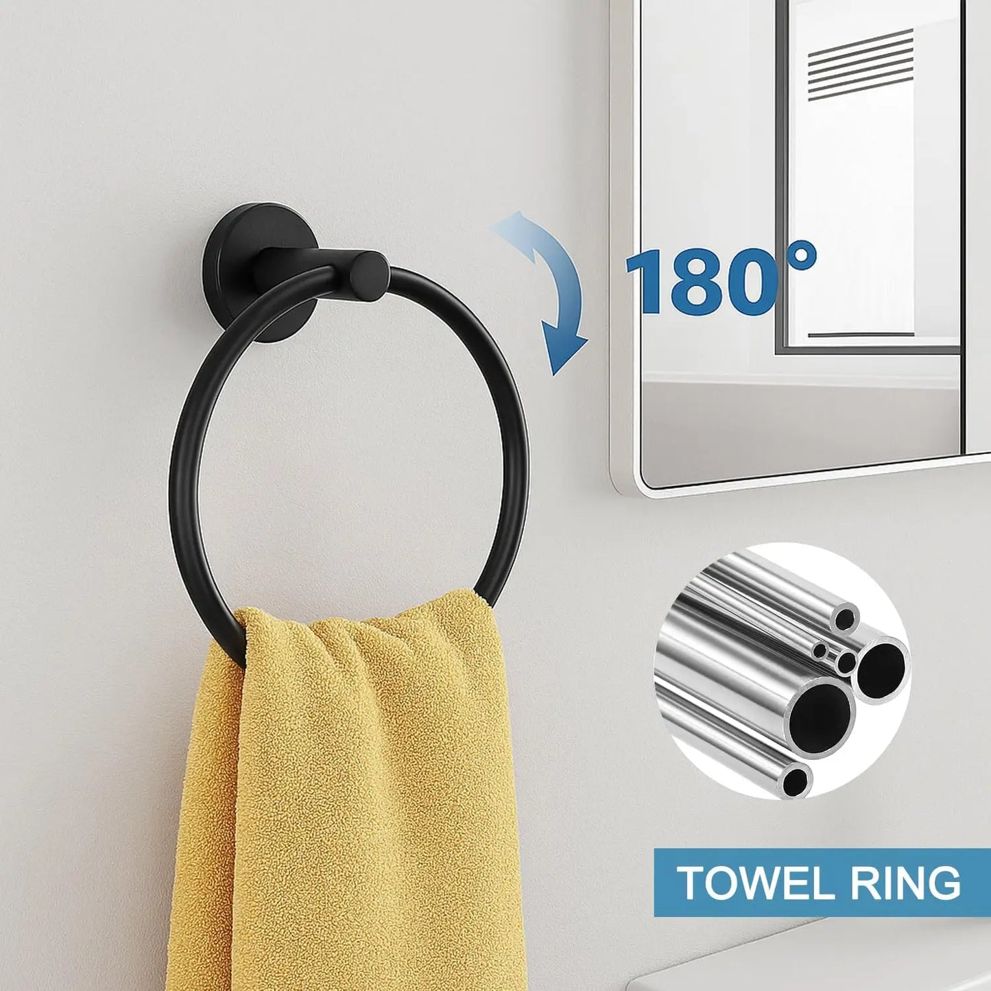 Matte Black 24in Bathroom Hardware Set, Stainless Steel Towel Bar with Ring and Hooks, Wall Mounted Toilet Paper Holder for