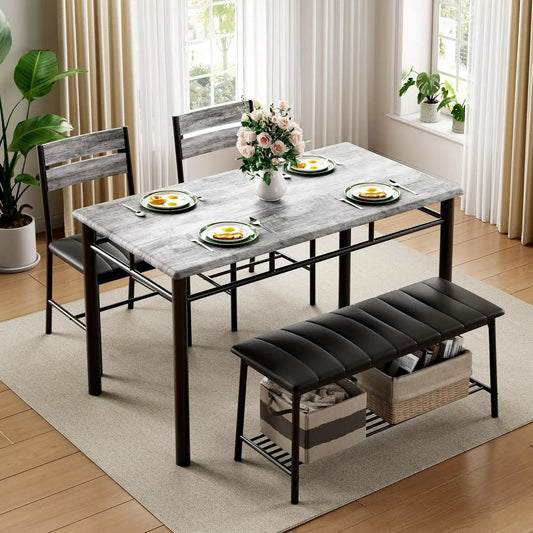 IRONCK Dining Table Set for 4, Kitchen Table and Chairs Set for Small Space, Kitchen Table with Upholstered Bench and 2 Chairs