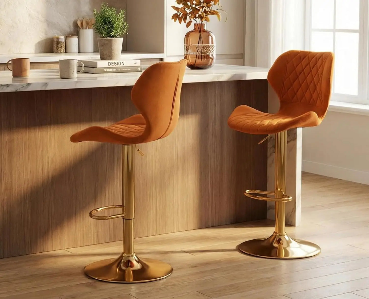 Swivel Adjustable Bar Stools Set of 2 Modern Gold Counter Height Bar Chairs for Kitchen Island Velvet Tall Barstools with Bac