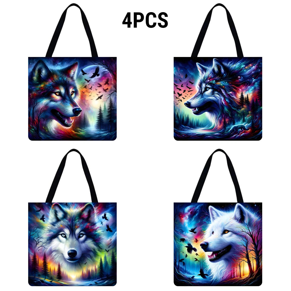 4pcs Wolf Large Capacity Linen Tote Bag