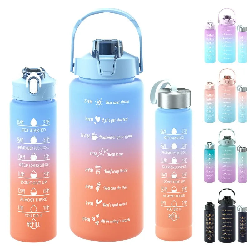 3-Piece Set Large Capacity Gradient Water Bottle,Water Bottle with Straw 2 Litre Leakproof with Time Marker,for Sports Fitness