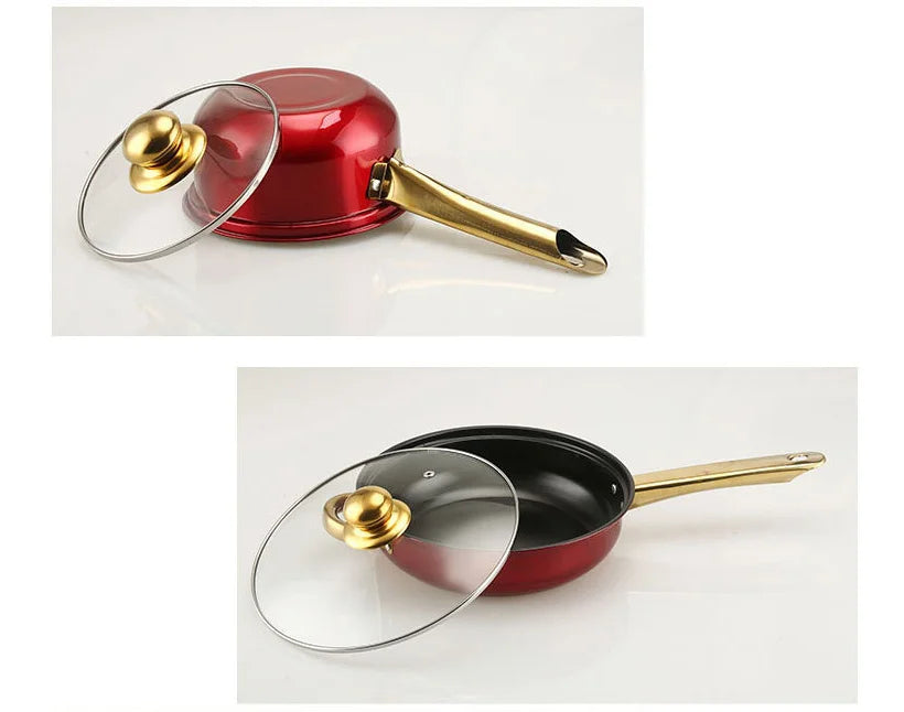 12PCS of Stainless Steel Colored Cookware Set Non-stick Pan Gold-plated Handle Soup Pot Milk Pot Pan Frying Pot Kitchenware