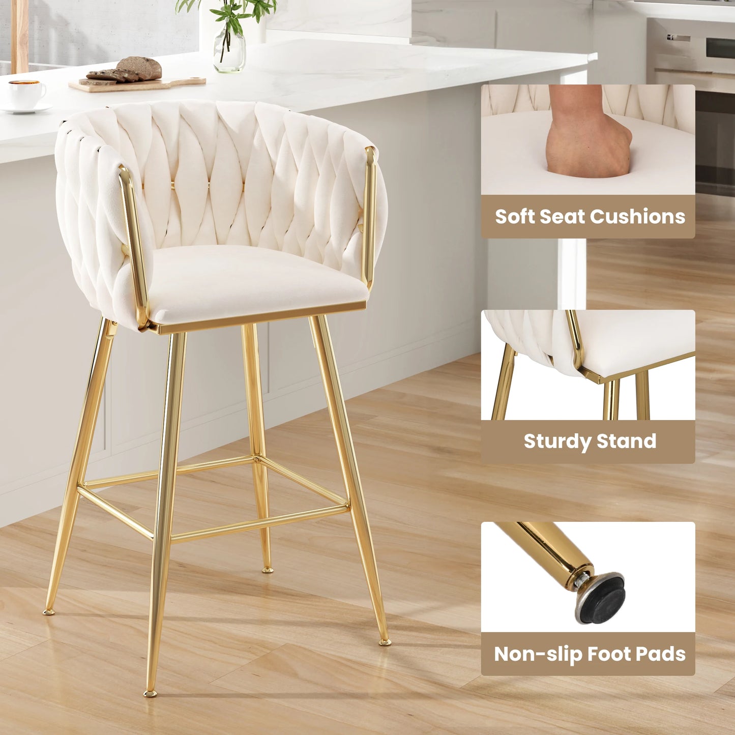 Farini Set of 2 26" Bar Stools, Modern Mid-Century Kitchen Stools with Back, Metal Legs, for Kitchen, Dining Room