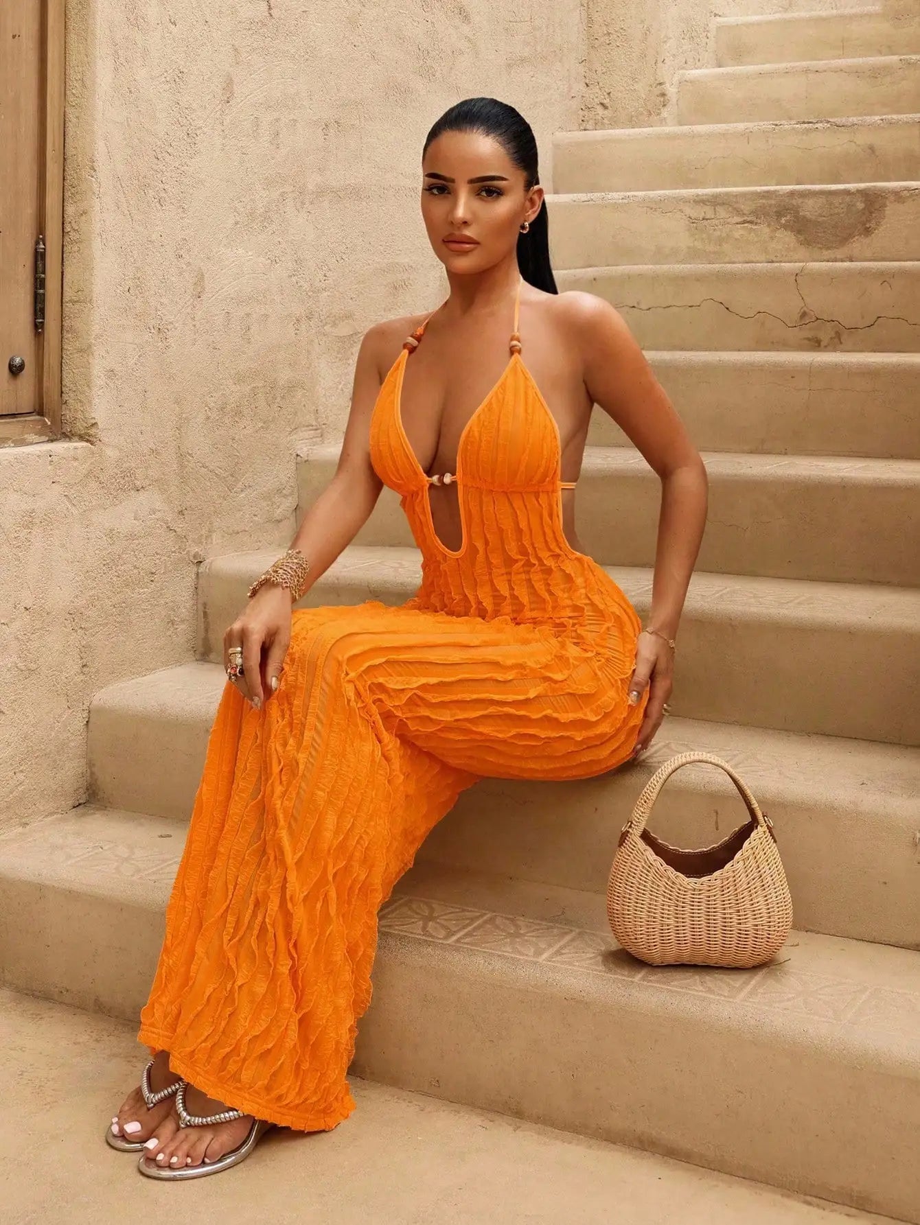 Women's Yellow Deep V Halter Neck Ruched Long Dress with Beaded Detail, Beach Vacation Style