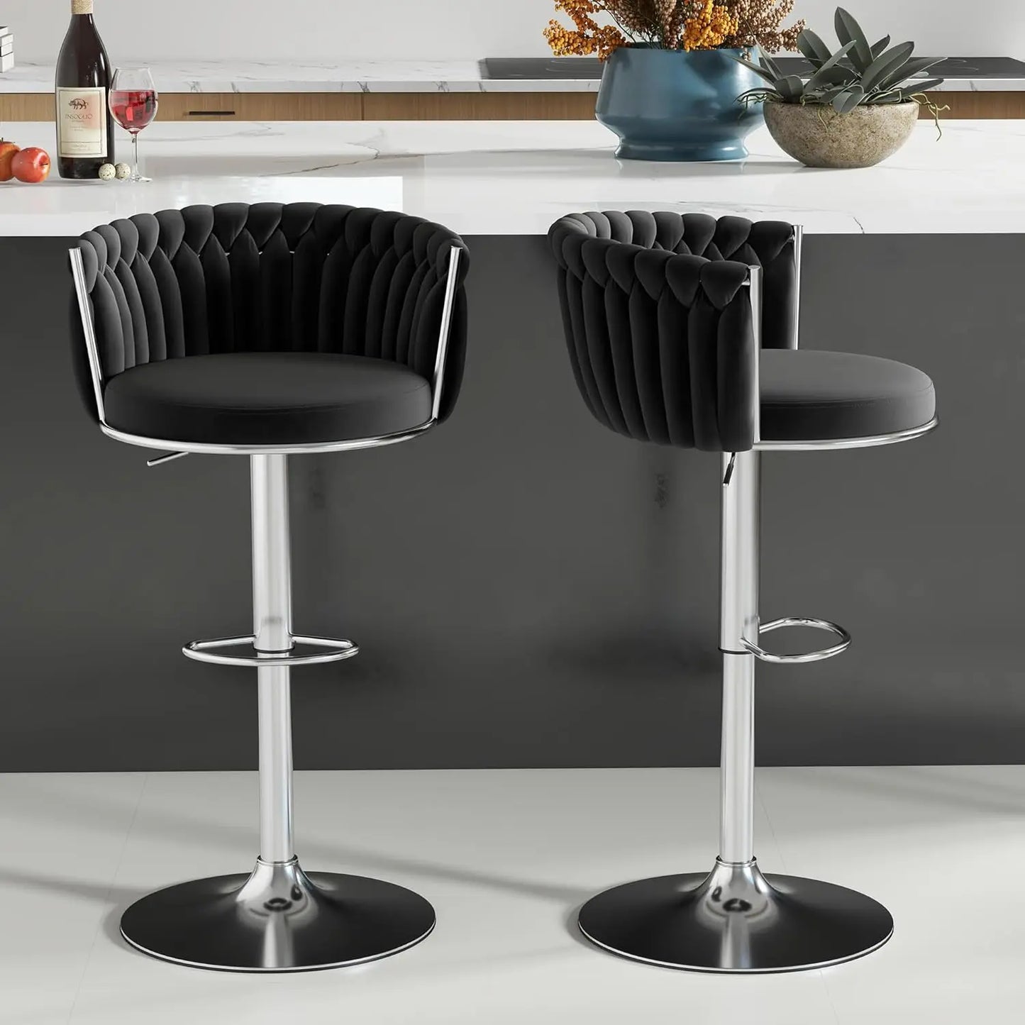 Gold Bar Stools Set of 2, Velvet Hand-Woven Barstools, Seat Height 27″ Counter Stools with Upholstered Backrest, Modern Luxuriou