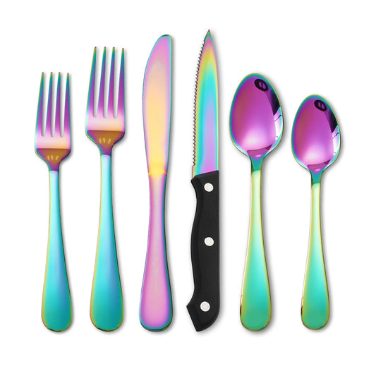 KOOMADE 24 pcs rainbow  Silverware Set Service For 4 Stainl Steel Flatware Serving Set Cutlery Set Knife Fork And Spoon