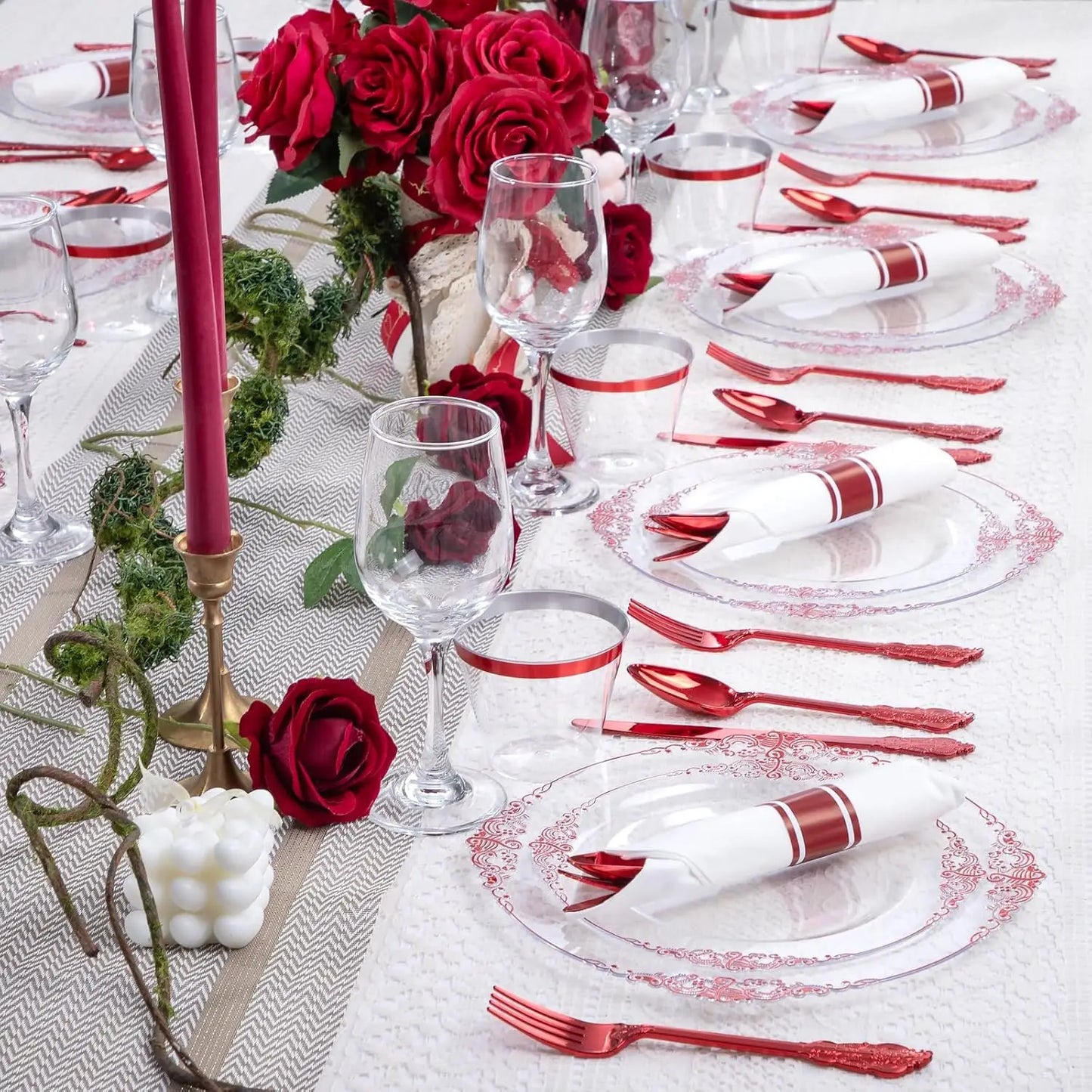 350pcs Clear and Red Plates - Red Party Plates for 50 Guest, Include 100 Heavy-duty Plates(20% Thicker Than Standard), 50 Pre Ro