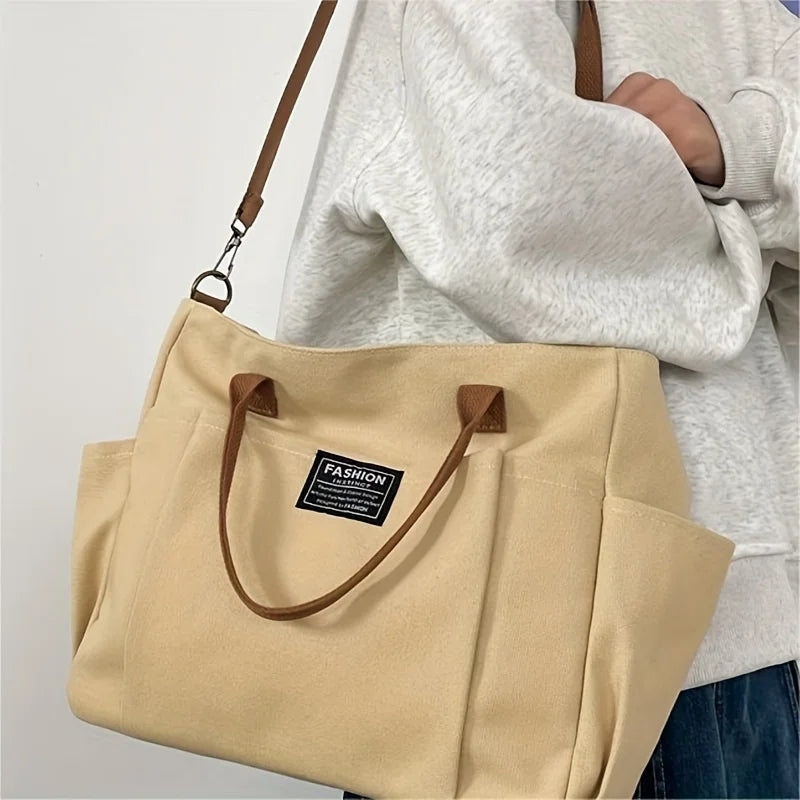 Women's Multi-Pocket Tote Bag, Vintage Canvas Shoulder Bag, Multi-functional Crossbody Bag for Daily Use
