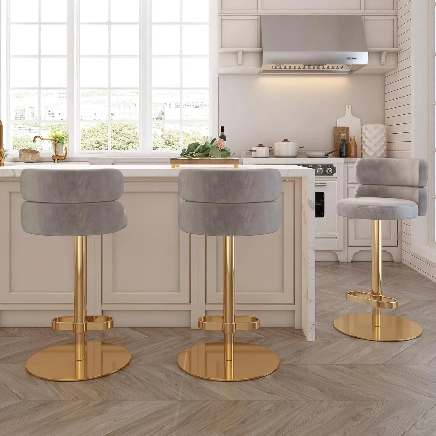 Modern  Single Velvet Upholstered Counter Stool with Gold Metal Leg and Foot Rest Premium Flannel Comfortable, Customized