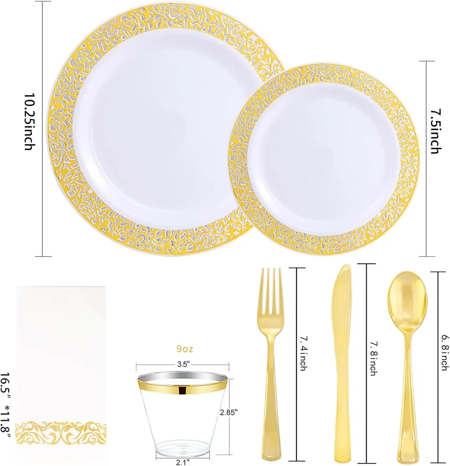 210Pcs Gold Plastic Dinnerware Set - Disposable Silverware, Cups, Plates for Party & Wedding
