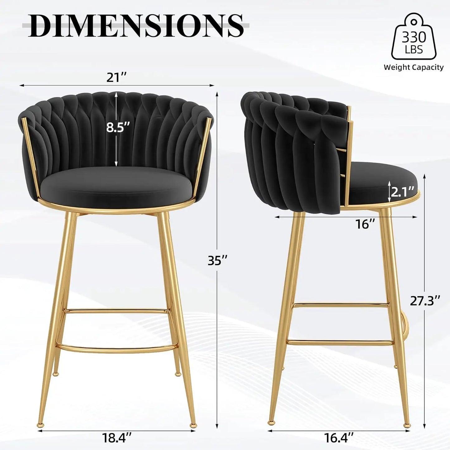 Gold Bar Stools Set of 2, Velvet Hand-Woven Barstools, Seat Height 27″ Counter Stools with Upholstered Backrest, Modern Luxuriou