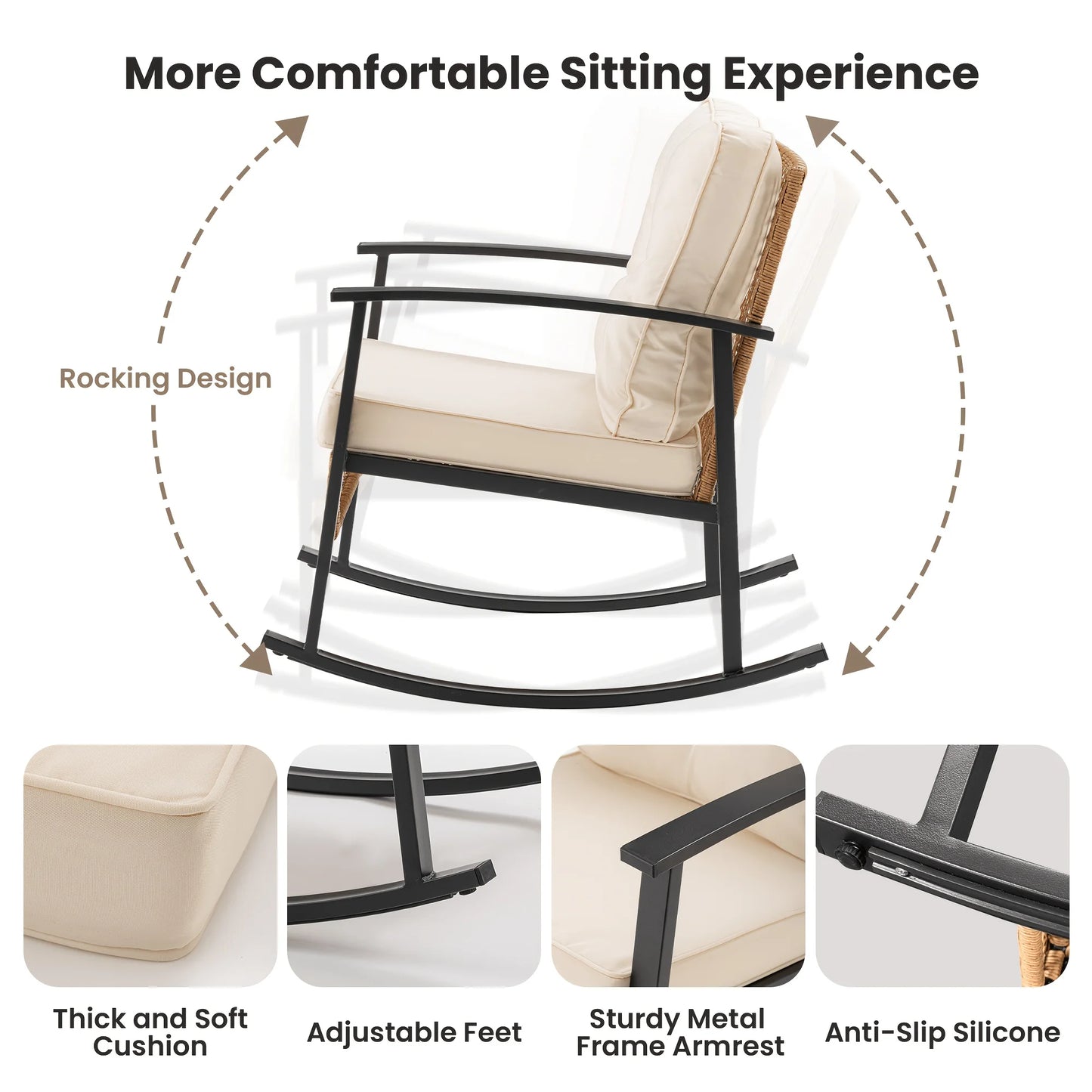 3pcs Rattan Rocking Chair Set Outdoor Patio Wicker Glider Courtyard Seating for Garden Porch Balcony Relaxation Furniture