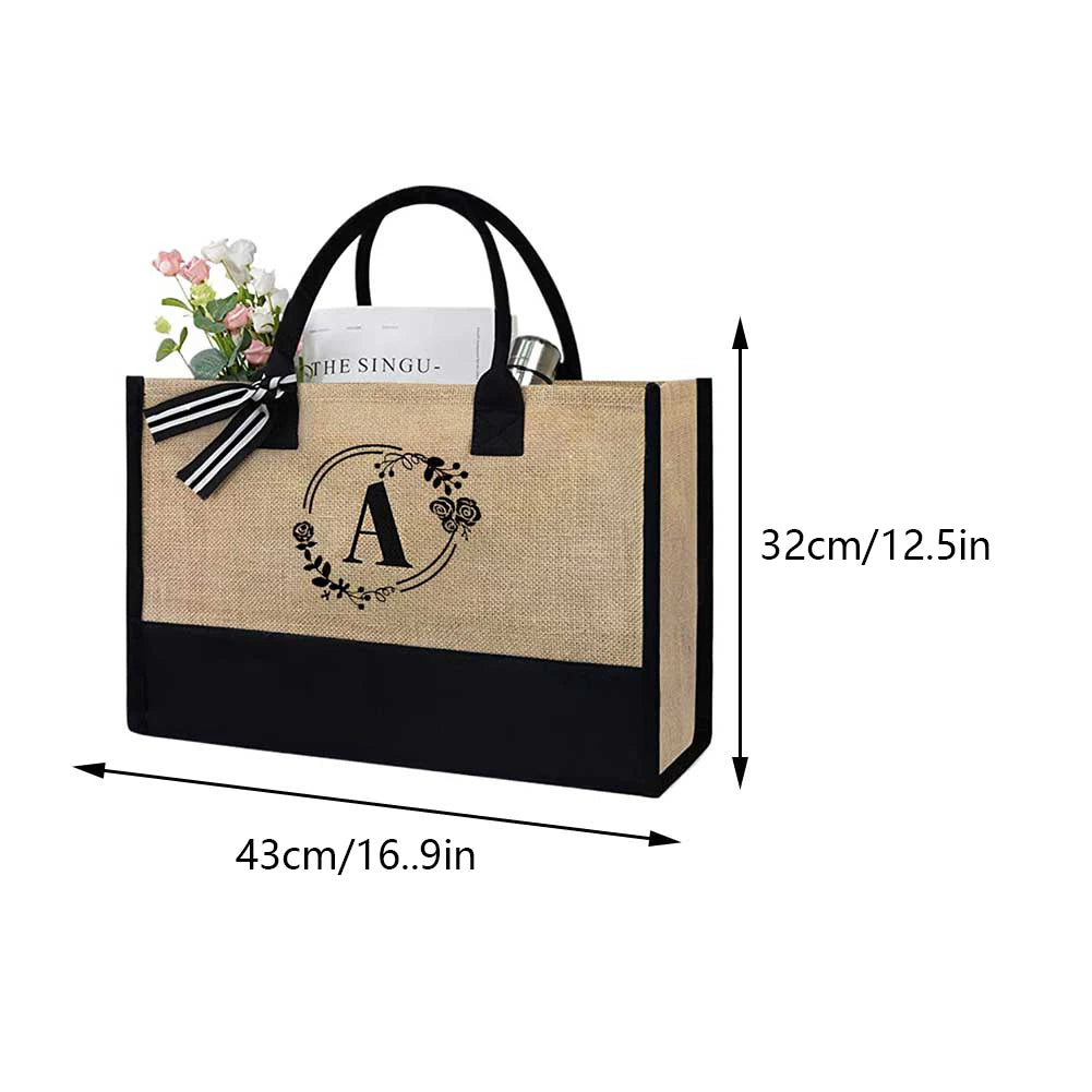 Women Jute Tote Bag Fashion Shopping Bag with Letter Stylish Commuting Bag Linen Travel Handbag for Teachers Friends Bridesmaids