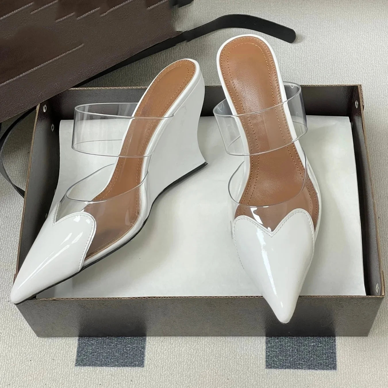 Newest Spring Summer Women's High Heel Slippers Genuine Leather Pointed-Toe Wedge Heel Slip-On Sandals Chic Style Bota Feminina