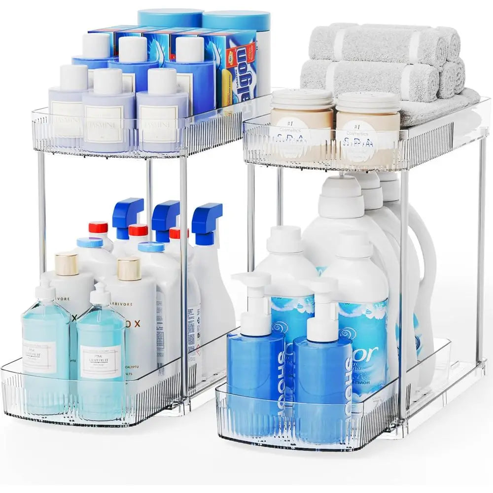 2 Pack Large Pull Out Bathroom Organizers and Storage, 2 Tier 12.8 Tall Sliding Kitchen Under Sink Organizer, Clear Acrylic Bath