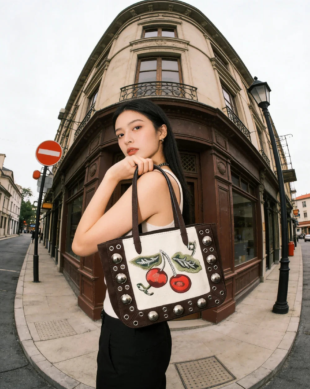 Women Cherry Embroidery Rivet Tote Shoulder Bag, Casual Large Capacity Handbag for Daily Commute and Street Style