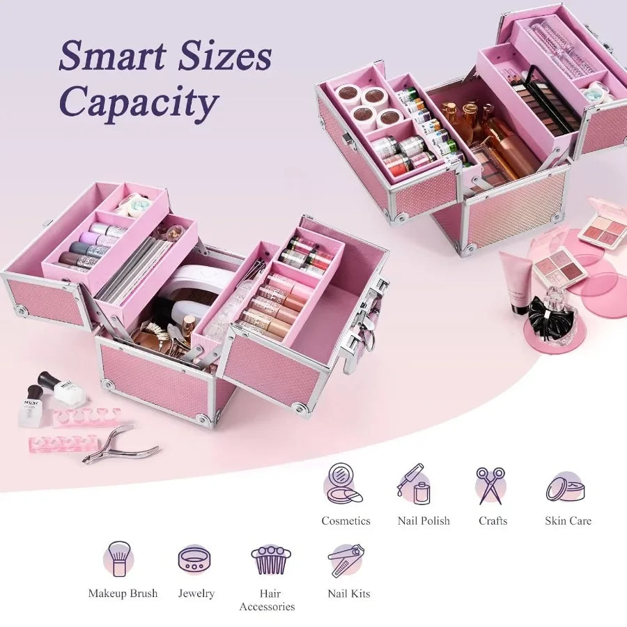 Portable Makeup Artist Travel Case with 4 Trays and Dividers for Cosmetics Storage Lockable Hard Case for Nail Tech Supplies Id