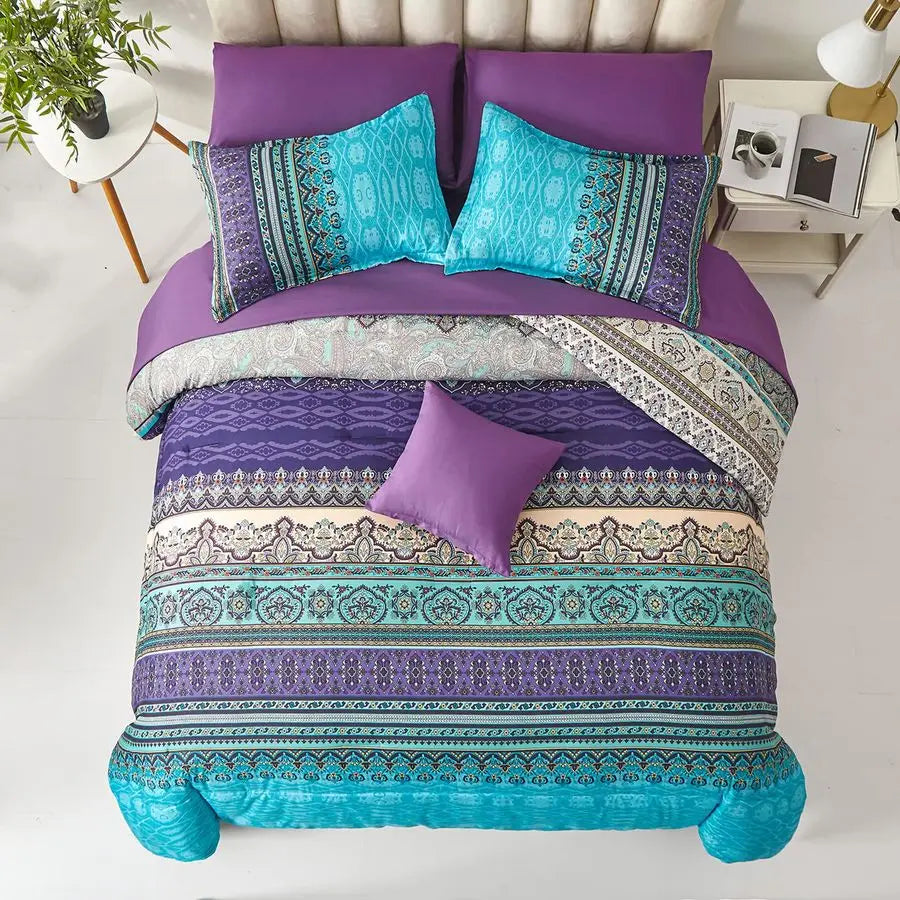 Boho Comforter Set Queen Size 8 Piece Bed in a Bag Bohemian Striped Bedding Quilt Set Aqua Paisley Floral Comforter and Sheet Se