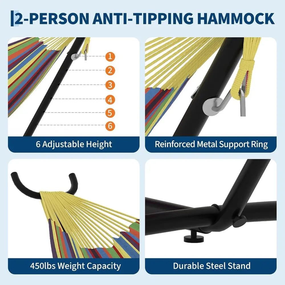 2 Person Hammocks with Stand or Outside, Double Hammocks Portable Space Saving Heavy-Duty Steel Stand or Indoor Outdoor Patio wi